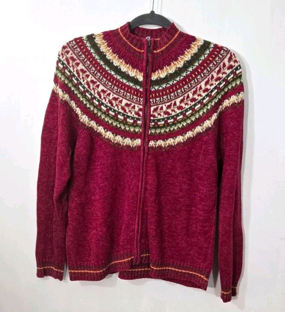 VTG Fair Isle Full Zip Mock Neck Cardigan M Burgundy 90s cottagecore granola